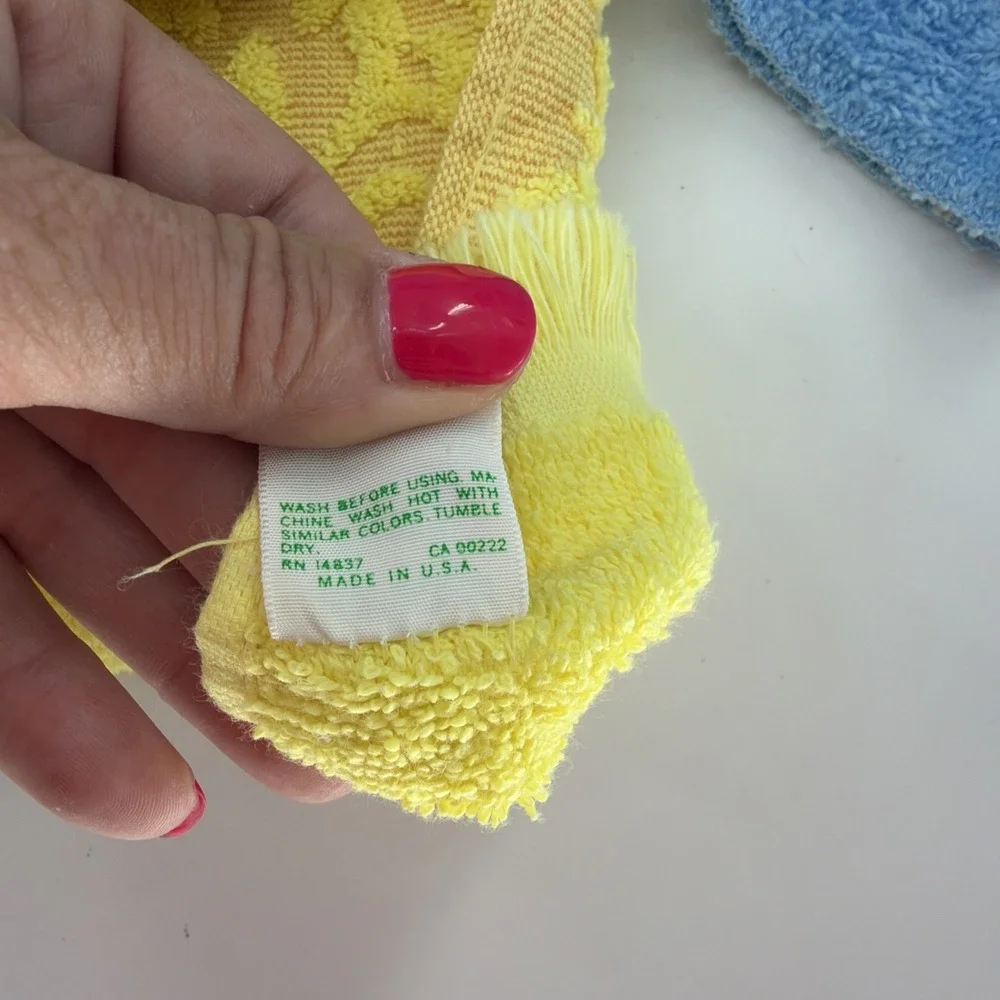 Vtg 70s Sears Yellow& Blue Fringe Bath Towel Retro MCM Damask Cotton 6 Pieces